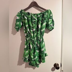 Green Tropical Print Off-Shoulder Romper